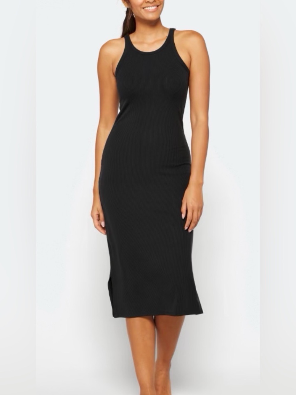 Richer Poorer Womenโs Black Ribbed Midi Dress